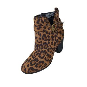 Time and Tru Womens Leopard Print Bootie Block High Heel Ankle Boots Buckle New